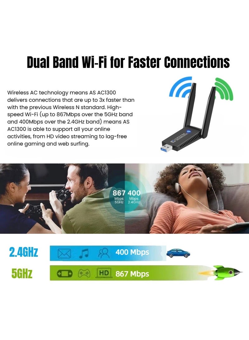  أورا سيليكت محول USB WiFi Bluetooth - مستقبل شبكة لاسلكية خارجي مزدوج النطاق 2.4 جيجاهرتز/5 جيجاهرتز بسرعة 1300 ميجابت في الثانية، USB 3.0، Bluetooth 5.0، للكمبيوتر الشخصي/الكمبيوتر المكتبي/الكمبيوتر المحمول، متوافق مع Windows 11/10/8/7 - Image 5